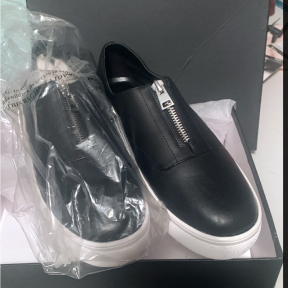 Steven By Steve Madden Black Leather Slip-On Shoes With Front Zipper